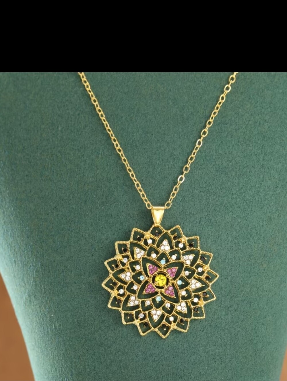 Gold Floral Mandala Pendant Necklace with Pink and Yellow Accents